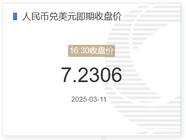 3月11日人民币兑美元即期收盘价报7.2306 较上一交易日上调343个基点(2025年03月11日)